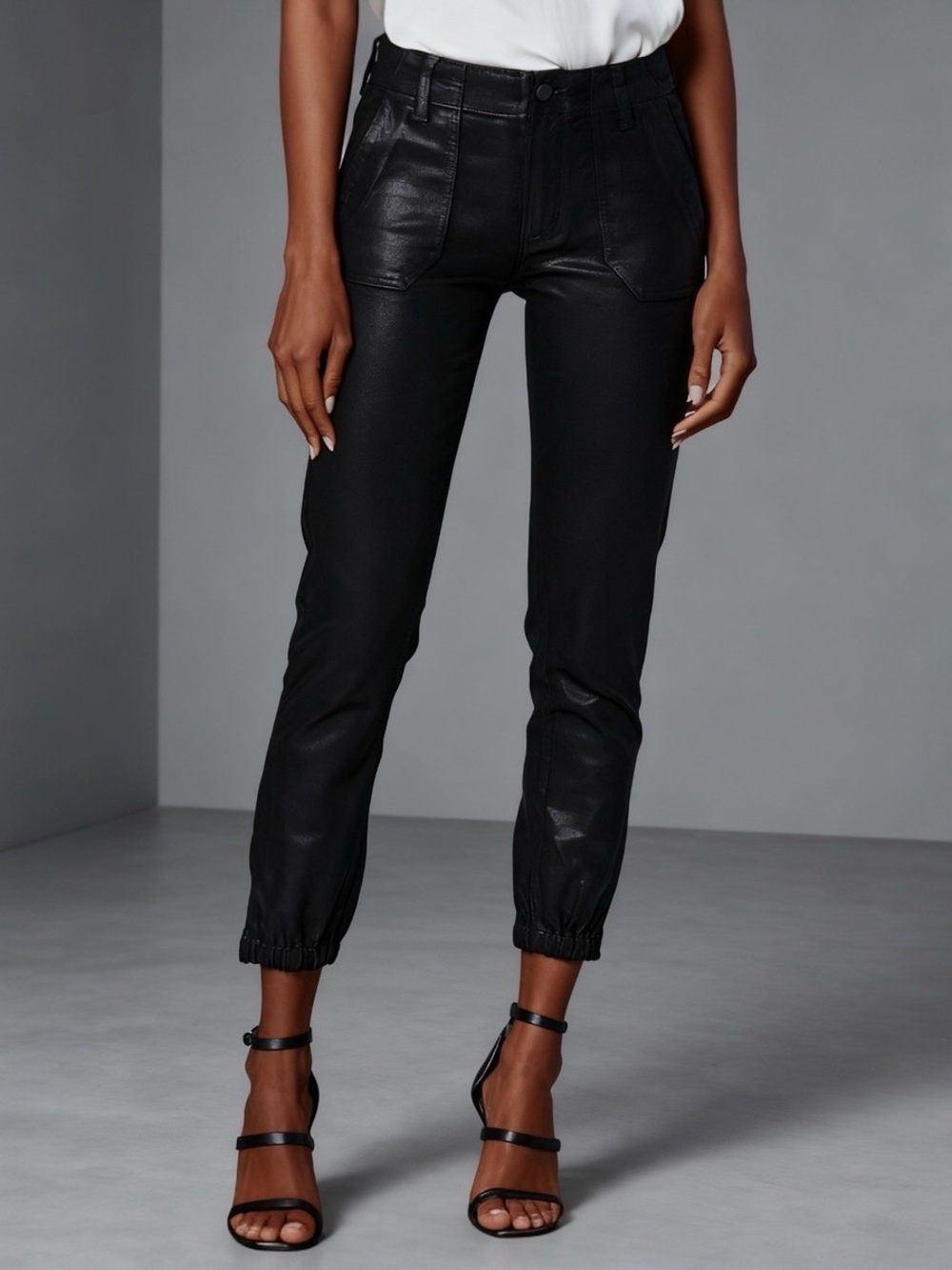 PAIGE Mayslie Black Faux Leather Coated Ankle Jogger Jeans Sz 28 Straight Leg
